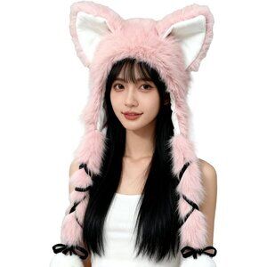 Women Pink Braided Warm Plush Animal Hood Halloween Cosplay Costume Headwear